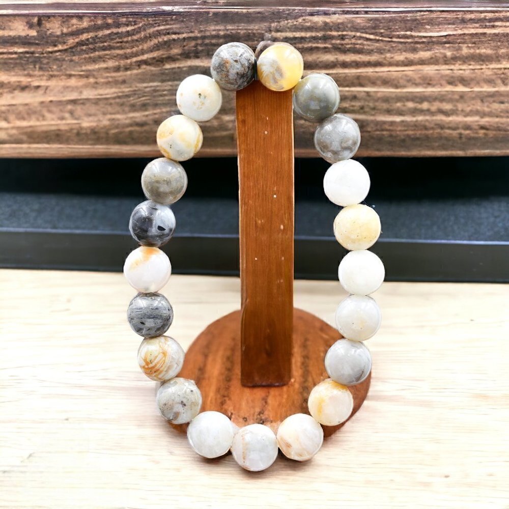 Bamboo Leaf Agate Gemstone Stretch Bracelet | Handmade - Picture 4 of 4